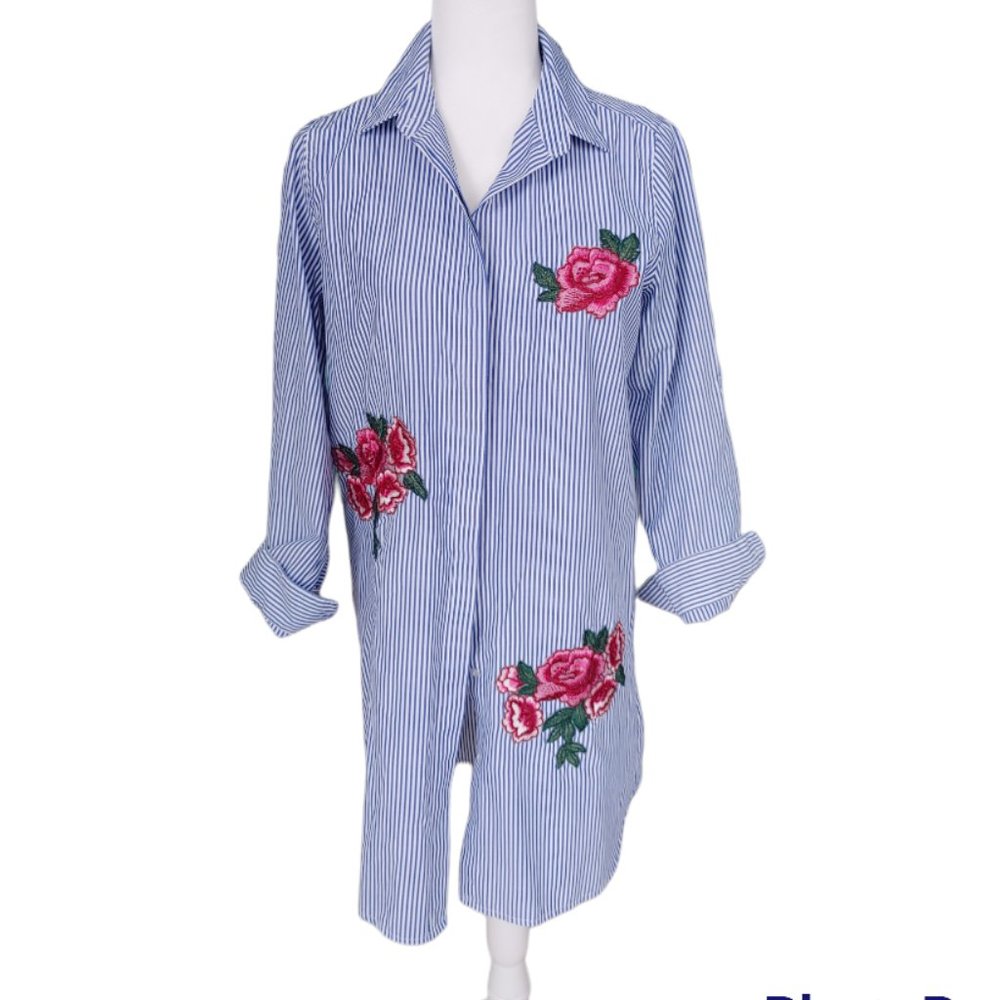 Striped Embroidered Flower Long Tunic Shirt - Size Medium